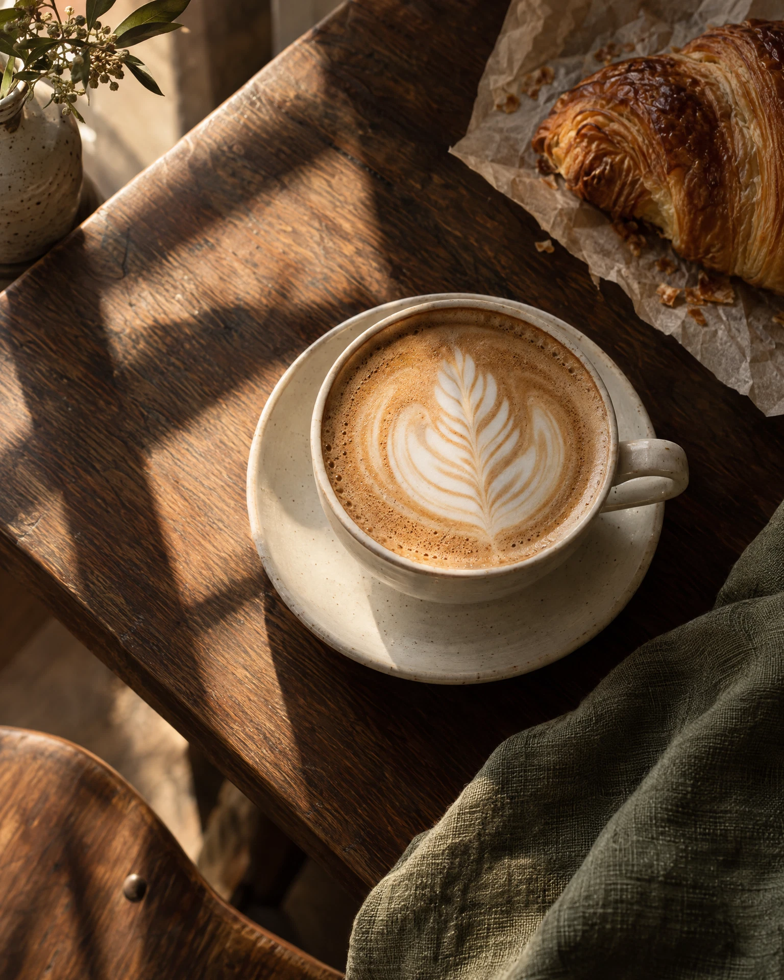 A beautifully poured flat white and flaky croissant in warm morning sunlight