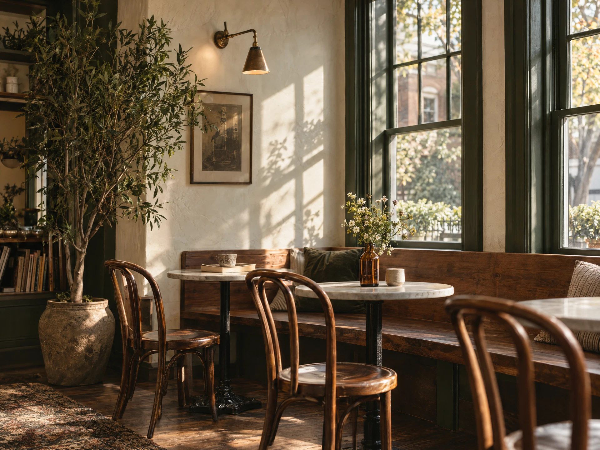 A quiet cafe corner with wooden tables, bentwood chairs, and sunlit windows